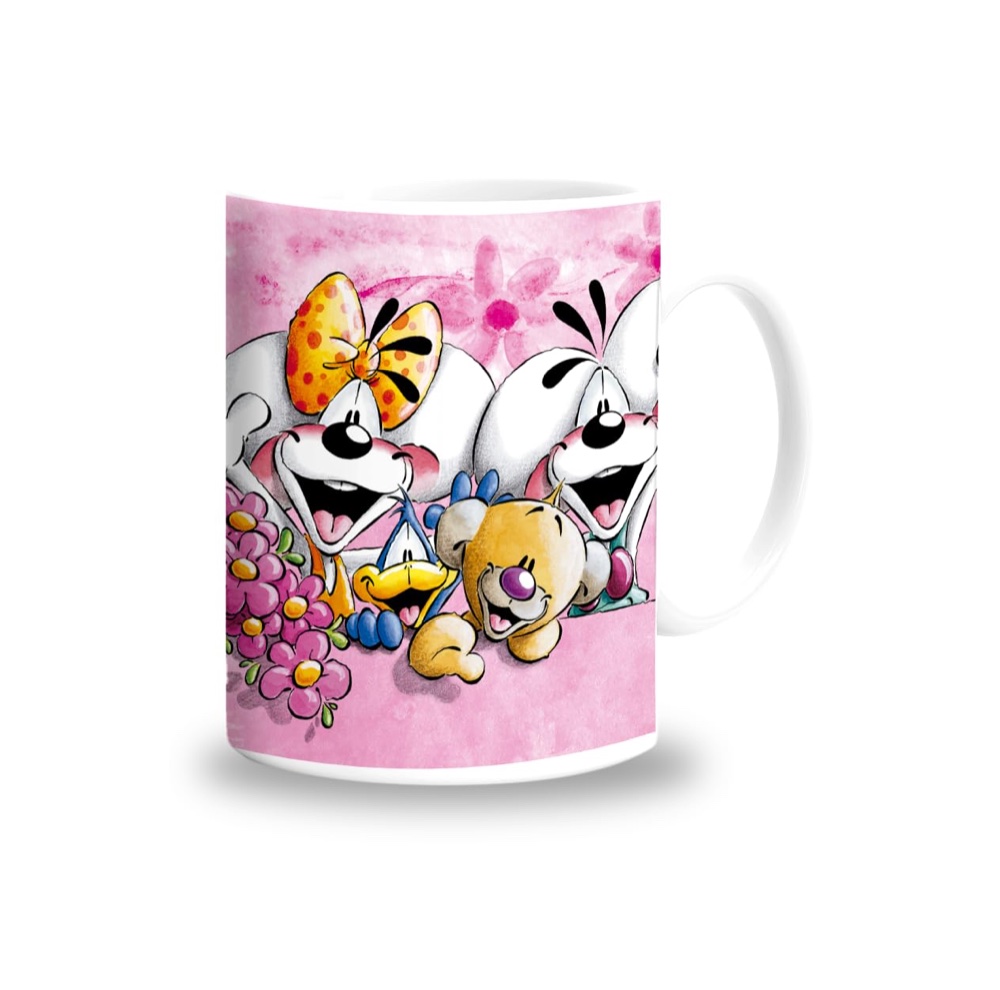 Weiße Tasse mit Diddl-Motiv auf hellem Hintergrund.